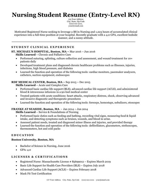 Student nurse resume - New grad resume example. The following resume example can help you write a new grad resume that best highlights your education, skills, and clinical rotation. You can use it as an inspiration to enter the workforce: Hicks Mary, APRN. Toronto, Ontario. 125-676-6689. hicksmary@email.ca Objective statement.